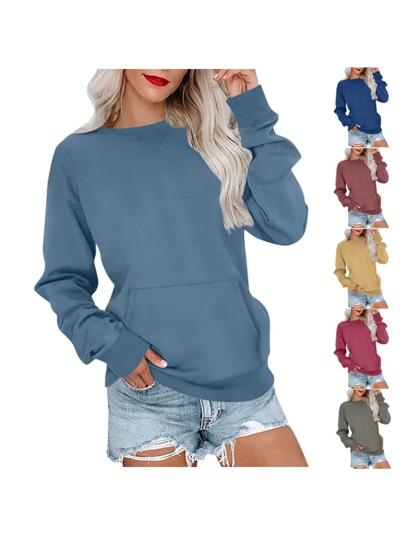Women's Crew Neck Pullover Sweatshirt Front Kangaroo Pocket Triangle Stitch Detail Long Sleeve Loose Daily Tops Gray S