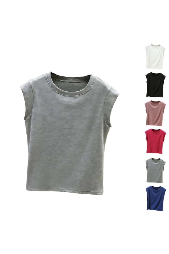 Women's Crewneck Sleeveless Ribbed Blouses Trendy Cap Sleeve Tops Casual Streetwear T Shirts Pink L