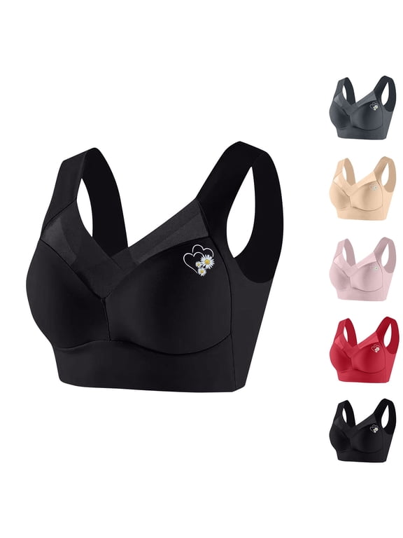 Women's Crisscross Mesh V Neck No Wire Support Bra Heart Daisy Print Wide Plus Size Straps Removable Pads Soft Stretch Nylon Daily Comfort Bra Gray (M-XXXXXL)