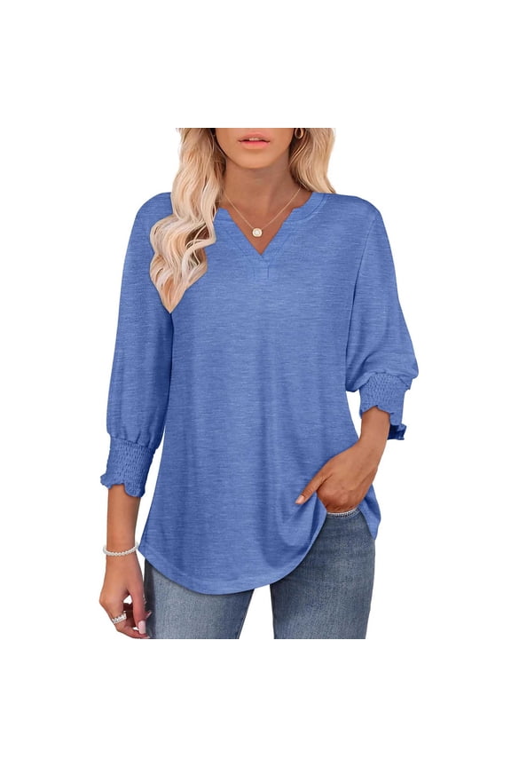 Women's Cuffed 3/4 Sleeve Shirts Summer Solid Pleated Blouses Dressy Casual Notch V Neck Tunic Tops
