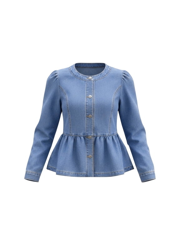 Women's Denim Jacket Puff Sleeve Peplum Hem Coat Everyday Fashion Outer Layer Blue (S-2XL)