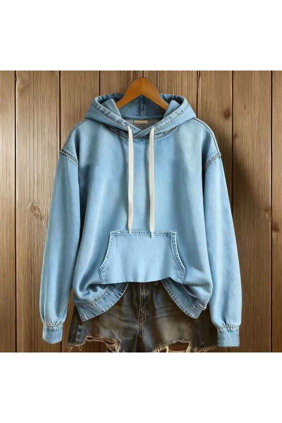 Women's Denim Texture Drawstring Pullover Hoodie Kangaroo Pocket Raglan Long Sleeve Vintage Oversized Casual Tops Light Blue (S-XXL)