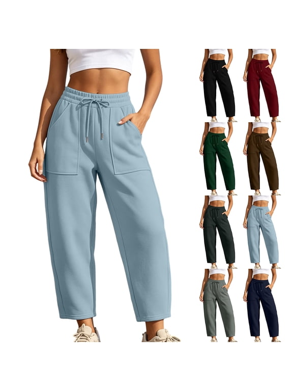 Women's Drawstring Elastic High Waist Cropped Baggy Sweatpants Large Patch Front Pockets Loose Athletic Barrel Pants Black (S-XXXL)