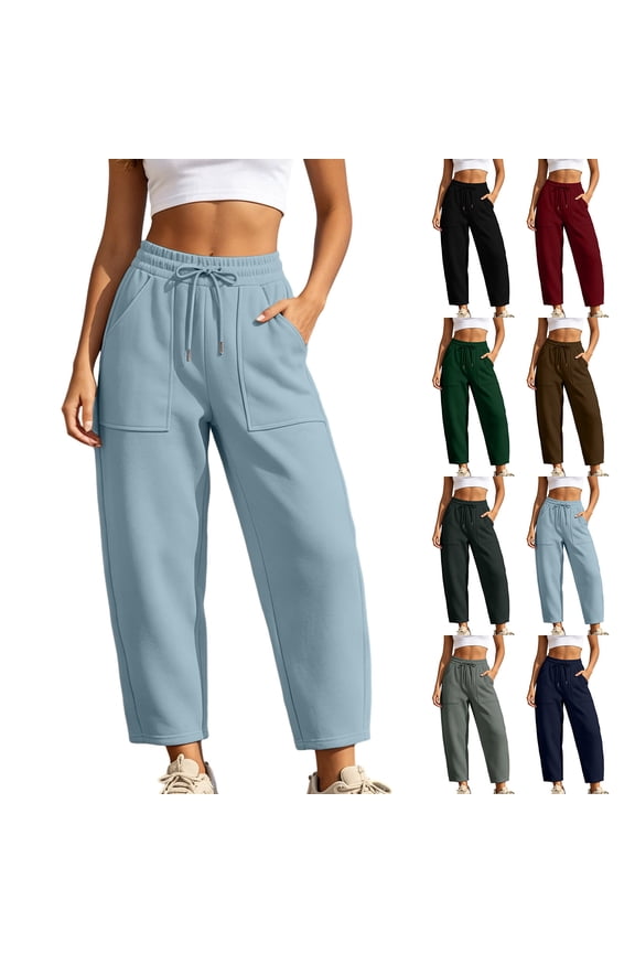 Women's Drawstring Elastic High Waist Cropped Baggy Sweatpants Large Patch Front Pockets Loose Athletic Barrel Pants Black (S-XXXL)