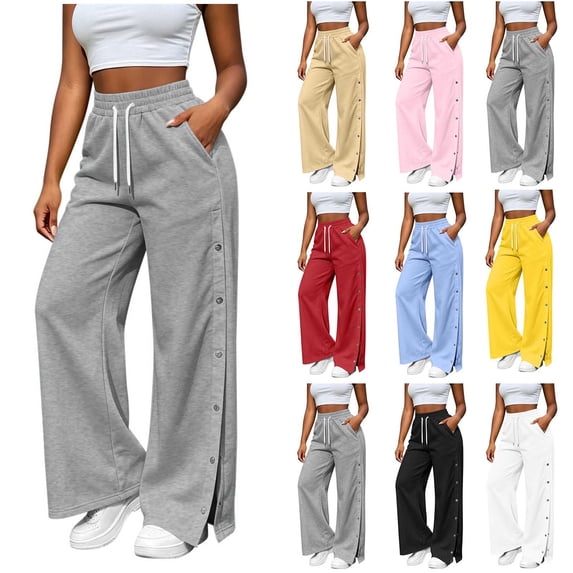Inverlee Women's Drawstring High Waist Side Button Split Wide Leg Sweatpants Dual Side Patch Pockets Flowy Loose Pants Khaki (S-XXL)