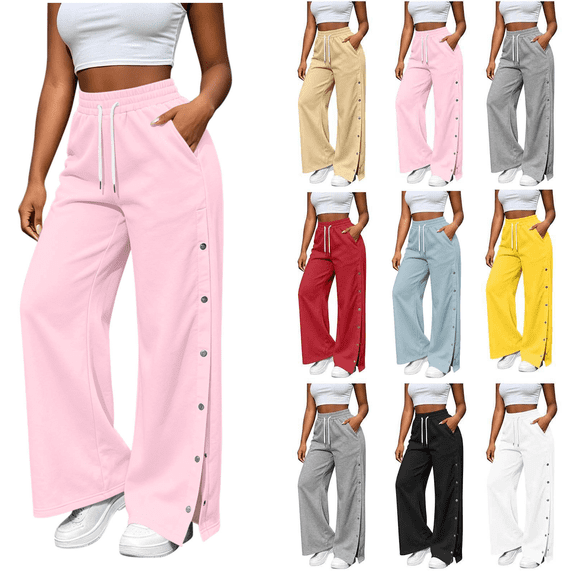 Inverlee Women's Wide Leg Sweatpants Drawstring High Waist Side Button Split Casual Bottoms Dual Side Patch Pockets Flowy Loose Pants Pink (S-XXL)