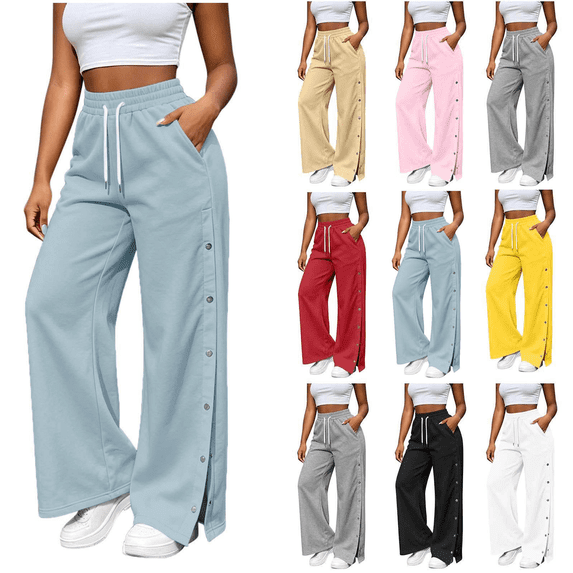 Inverlee Women's Wide Leg Sweatpants Drawstring High Waist Side Button Split Casual Bottoms Dual Side Patch Pockets Flowy Loose Pants Sky Blue (S-XXL)