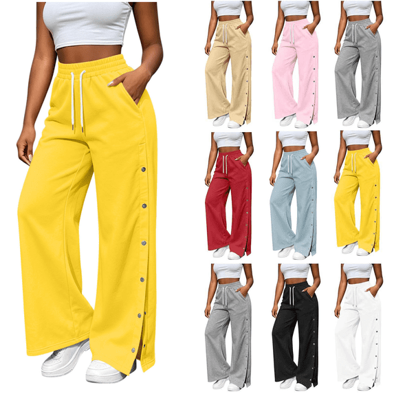 Inverlee Women's Wide Leg Sweatpants Drawstring High Waist Side Button Split Casual Bottoms Dual Side Patch Pockets Flowy Loose Pants Yellow (S-XXL)