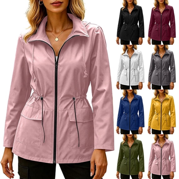 Inverlee Women's Drawstring Waist Rain Jacket Hooded Full Zip Water Resistant Windbreaker with Pockets Yellow M