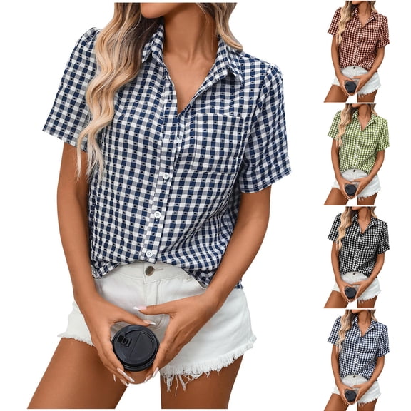 Inverlee Women's Dressy V Neck Button Down Shirts Trendy Short Sleeve Blouse Summer Casual Plaid Tops