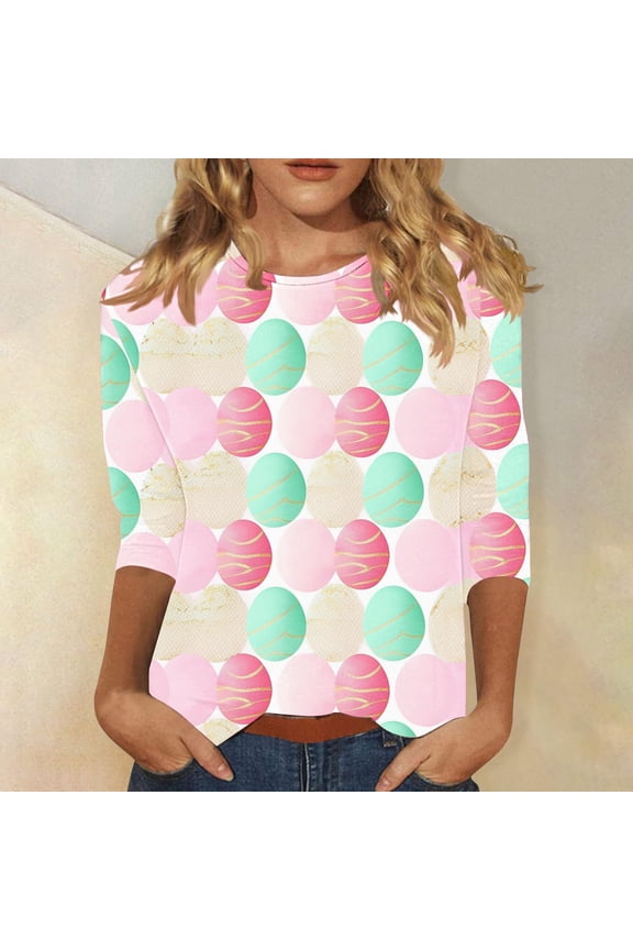 Women's Easter Day 3/4 Sleeve Tshirts Dressy Casual Plus Size Crewneck Blouses Spring Trendy Egg Print Tee Tops