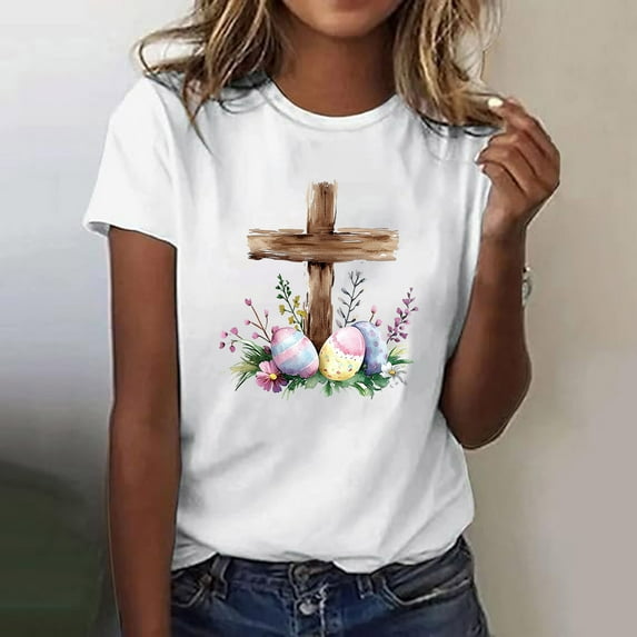 Inverlee Women's Easter Shirts Clearance Rabbits Eggs Graphic Tees Loose Fit Short Sleeve T Shirts Blouses Workout Round Neck Dressy Casual Tops