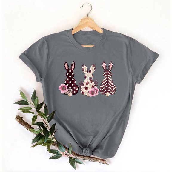 Inverlee Women's Easter Shirts Cute Bunny Eggs Print Tees Loose Fit Short Sleeve T Shirts Blouses Going Out Round Neck Dressy Casual Tops