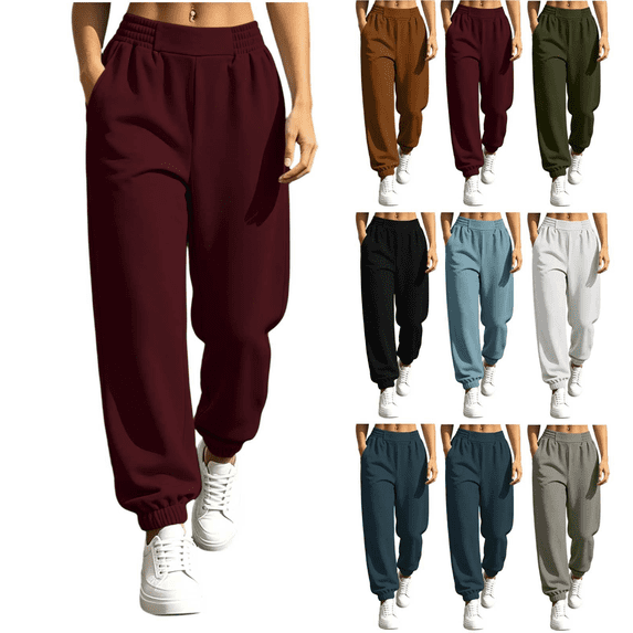 Inverlee Women's Elastic High Waist Jogger Sweatpants Cuffed Ankle Dual Side Pockets Loose Athletic Loungewear Pants Wine (S-XXL)