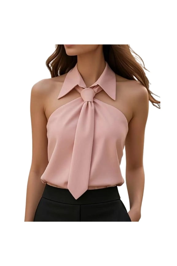 Women's Elegant Collared Tie Front Tank Tops Trendy Solid Sleeveless Shirts Summer Dressy Casual Off shoulder Blouse