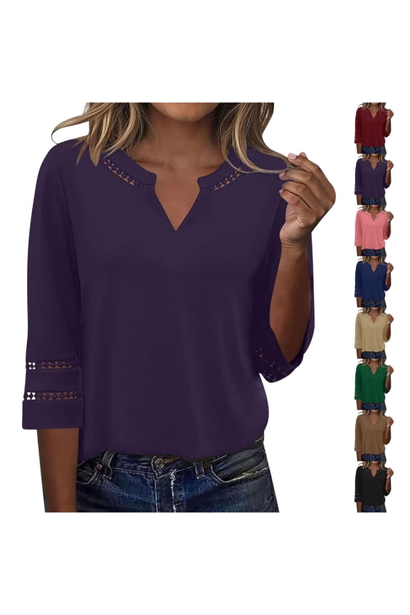 Women's Eyelet Trim Notch V Neck Tops Three Quarter Sleeve Casual Blouses Solid Color Loose Fit Lightweight Everyday Shirts Red XXL