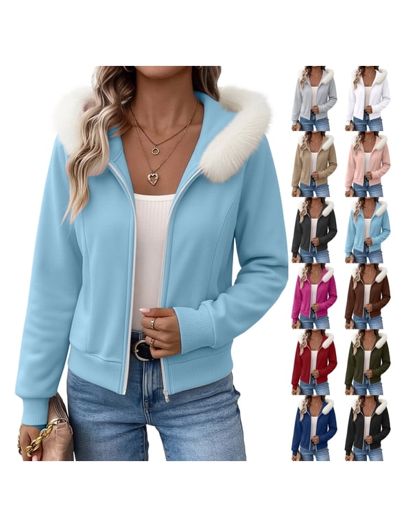 Women's Faux Fur Trim Full Zip Hooded Jacket Slim Waist Rib Cuff Casual Warm Hoodie OuterwearWhite(S-XXL)