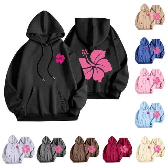 Inverlee Women's Front Back Hibiscus Flower Print Pullover Hoodie Drawstring Kangaroo Pocket Oversized Teen Girls Sweatshirt Blue (S-XXL)