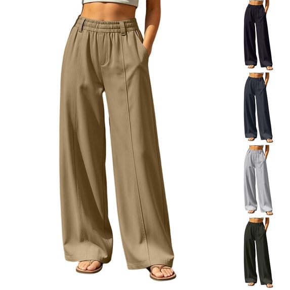 Inverlee Women's Front Seam Wide Leg Dress Pants Elastic High Waist Loose Business Casual Trousers Gray L