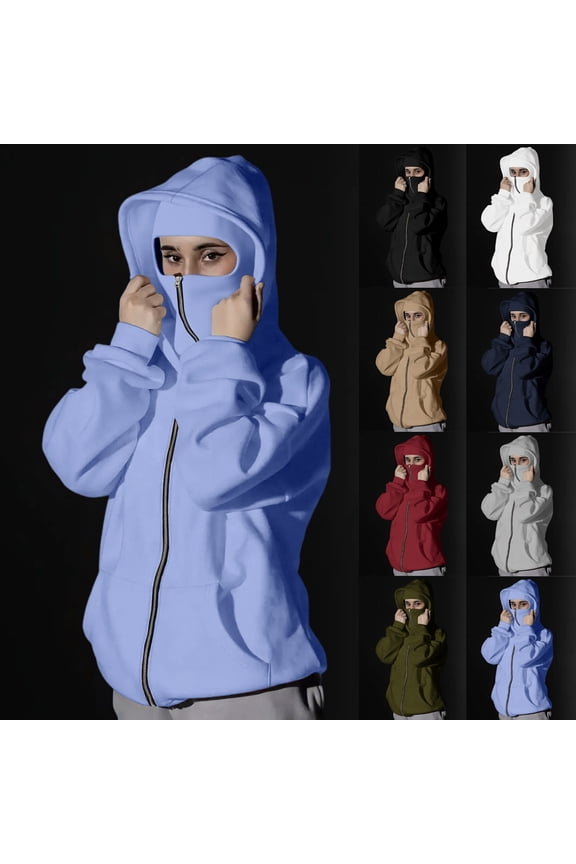 Women's Full Zip Up Balaclava Face Cover Hooded Jacket Drawstring Long Sleeve Kangaroo Pocket Multi Color Street Fashion Outerwear Sky Blue M