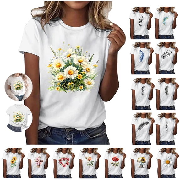 Inverlee Women's Funny Floral Print Basic Tee Summer Trendy Petite Short Sleeve T-shirts Casual Round Neck Pullover Tops