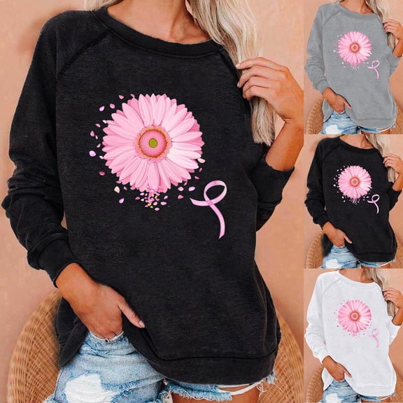 Inverlee Women's Gerbera Daisy Petal Splash Pink Ribbon Raglan Crew Neck Sweatshirt Loose Fit Home Leisure Daily Wear Tops