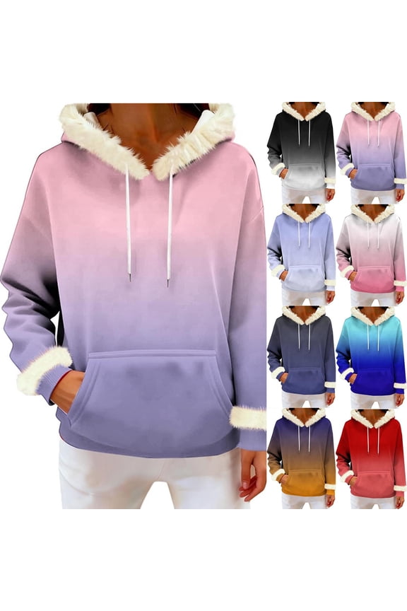 Women's Gradient Ombre Faux Fur Cuff Hooded Pullover Hoodie Drawstring Kangaroo Pocket Oversized Long Sleeve Warm Tops Red S