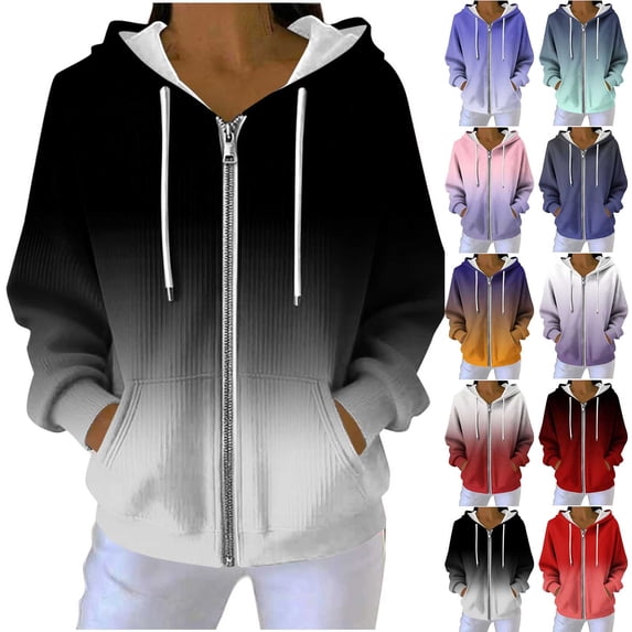 Inverlee Women's Gradient Ombre Ribbed Full Zip Up Hooded Jacket Drawstring Side Pockets Loose Long Sleeve Casual Outerwear Orange M