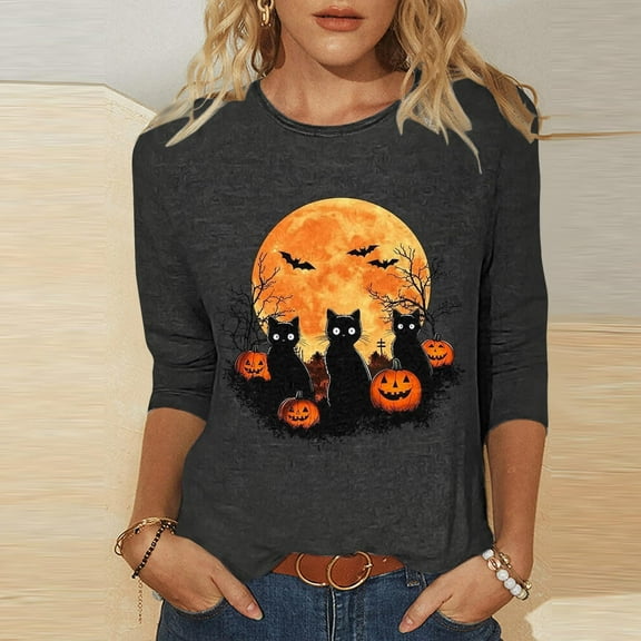 Inverlee Women's Halloween Shirts Cute Pumpkin Ghost Print Tees Classic Round Neck T-shirt 3/4 Sleeve Dressy Casual Blouse Tops Halloween Clothes