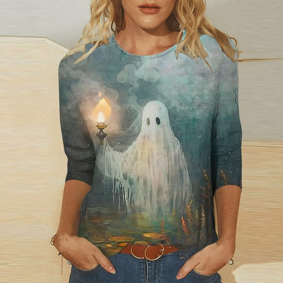 Inverlee Women's Halloween Shirts Funny Pumpkin Ghost Graphic Tees Trendy Crewneck T-shirt 3/4 Sleeve Dressy Casual Blouse Tops Halloween Clothes