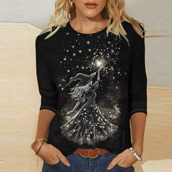 Inverlee Women's Halloween Shirts Funny Pumpkin Ghost Graphic Tees Trendy Round Neck T-shirt 3/4 Sleeve Holiday Blouse Tops Halloween Party Supplies