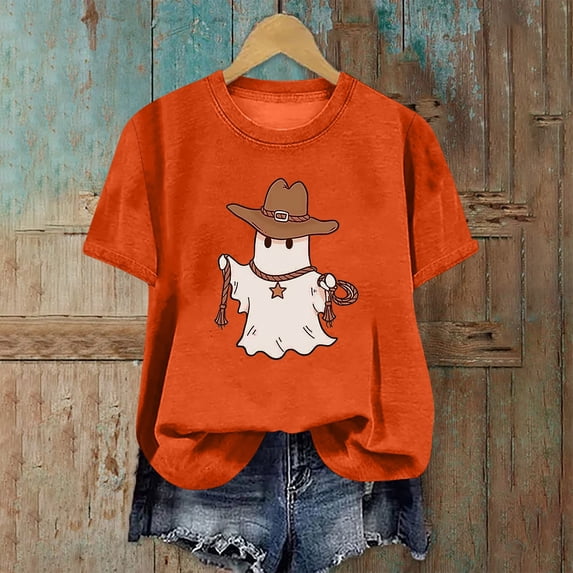 Inverlee Women's Halloween Shirts Plus Size Pumpkin Ghost Graphic Tees Stretch Round Neck T-shirt Short Sleeve Holiday Blouse Tops Halloween Costumes