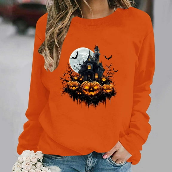 Inverlee Women's Halloween Sweatshirts Cute Pumpkin Ghost Graphic T-shirt Stretch Round Neck Sweatshirt Long Sleeve Holiday Pullover Tops Halloween Gifts
