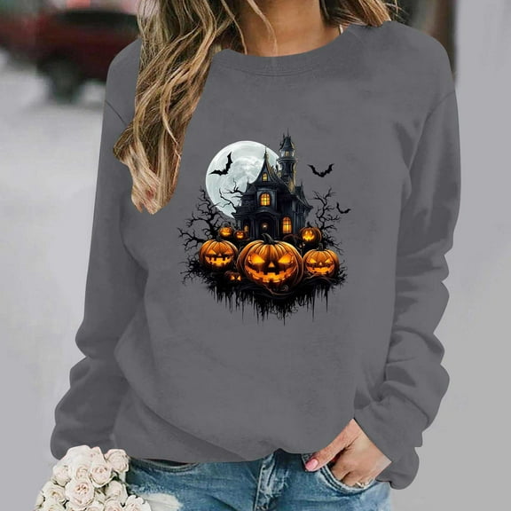 Inverlee Women's Halloween Sweatshirts Cute Pumpkin Ghost Graphic T-shirt Stretch Round Neck Sweatshirt Long Sleeve Holiday Pullover Tops Halloween Gifts