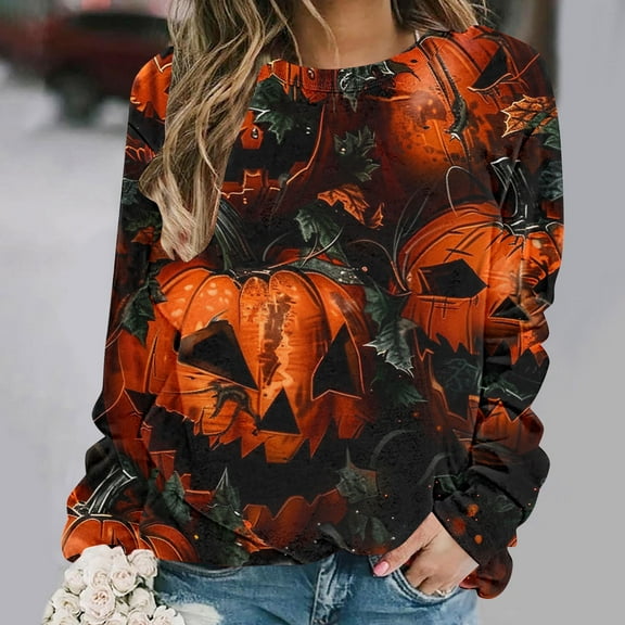 Inverlee Women's Halloween Sweatshirts Cute Pumpkin Ghost Graphic T-shirt Trendy Crewneck Sweatshirt Long Sleeve Tunic Pullover Tops Halloween Costumes
