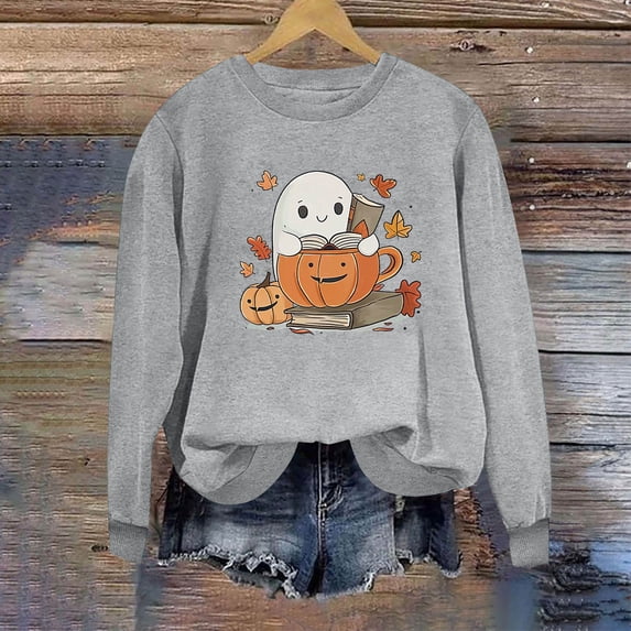 Inverlee Women's Halloween Sweatshirts Cute Pumpkin Ghost Print T-shirt Going Out Round Neck Sweatshirt Long Sleeve Tunic Pullover Tops Halloween Clothes