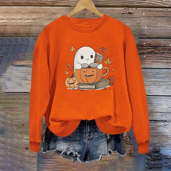 Inverlee Women's Halloween Sweatshirts Cute Pumpkin Ghost Print T-shirt Going Out Round Neck Sweatshirt Long Sleeve Tunic Pullover Tops Halloween Clothes