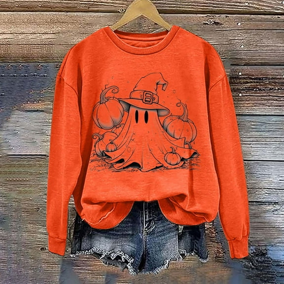 Inverlee Women's Halloween Sweatshirts Plus Size Pumpkin Ghost Graphic T-shirt Soft Crewneck Sweatshirt Long Sleeve Tunic Pullover Tops Halloween Gifts