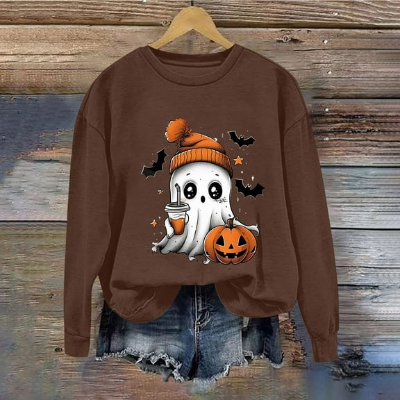 Inverlee Women's Halloween Sweatshirts Plus Size Pumpkin Ghost Graphic T-shirt Work Crewneck Sweatshirt Short Sleeve Tunic Pullover Tops Halloween Costumes
