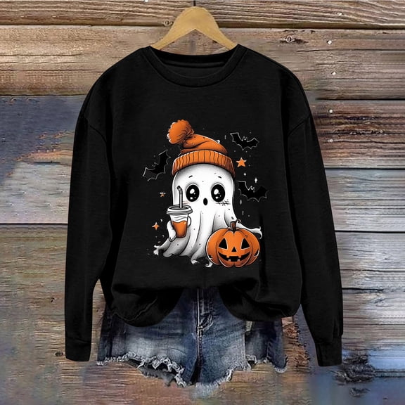 Inverlee Women's Halloween Sweatshirts Plus Size Pumpkin Ghost Graphic T-shirt Work Crewneck Sweatshirt Short Sleeve Tunic Pullover Tops Halloween Costumes