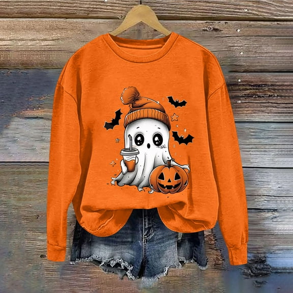 Inverlee Women's Halloween Sweatshirts Plus Size Pumpkin Ghost Graphic T-shirt Work Crewneck Sweatshirt Short Sleeve Tunic Pullover Tops Halloween Costumes