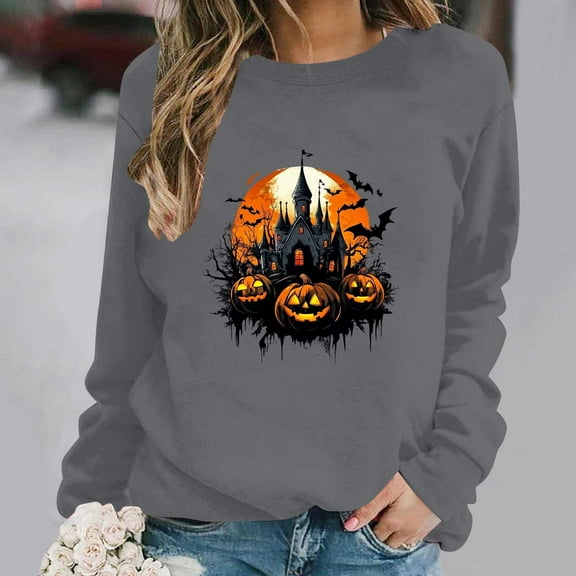 Inverlee Women's Halloween Sweatshirts Plus Size Pumpkin Ghost Print T-shirt Going Out Crewneck Sweatshirt Long Sleeve Holiday Pullover Tops Halloween Party Supplies