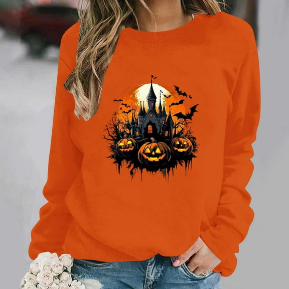 Inverlee Women's Halloween Sweatshirts Plus Size Pumpkin Ghost Print T-shirt Going Out Crewneck Sweatshirt Long Sleeve Holiday Pullover Tops Halloween Party Supplies