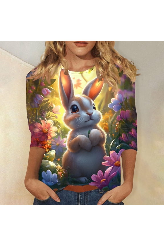 Women's Happy Easter Day Plus Size Tops Funny Bunny Graphic 3/4 Sleeve Round Neck Tshirts Spring Trendy Loose Fit Pullover Tunics