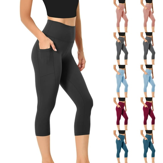 Inverlee Women's High Waist Capri Yoga Pants Trendy Solid Tummy Control Fitness Leggings Summer Trendy Athletic Bottoms with Pockets