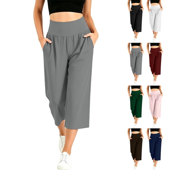 Inverlee Women's High Waist Wide Band Capri Yoga Culottes Casual Solid Color Pocket Loose Fit Cropped Trousers Daily Workout Relaxed Bottoms Black M