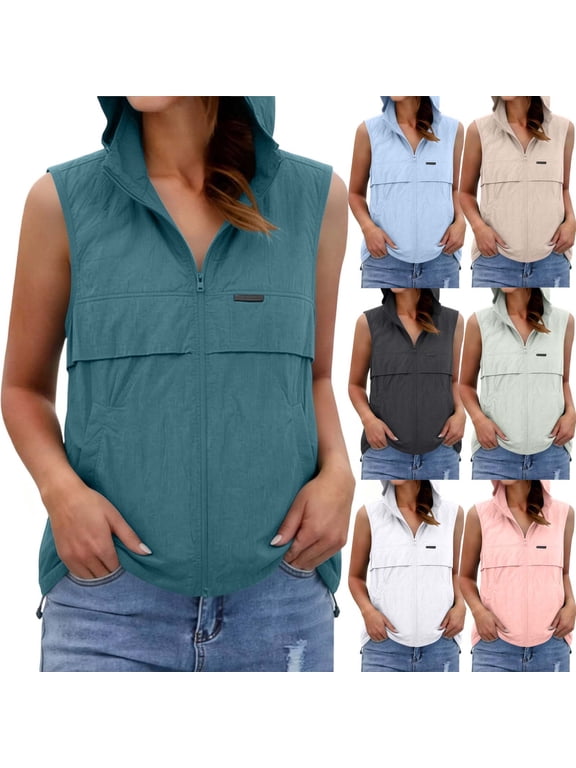 Women's Hooded Sleeveless Vest Full Zip Lightweight Casual Outdoor Windbreaker with Pockets Army Green XL