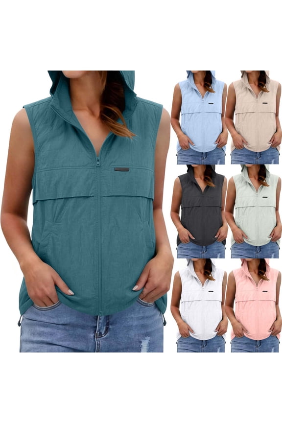 Women's Hooded Sleeveless Vest Full Zip Lightweight Casual Outdoor Windbreaker with Pockets Khaki M
