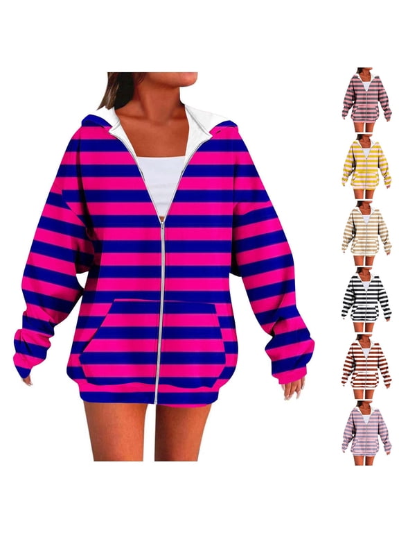 Women's Horizontal Striped Full Zip Up Hooded Jacket White Lined Hood Kangaroo Pocket Oversized Multi Color Long Sleeve Coat Blue (S-XXL)