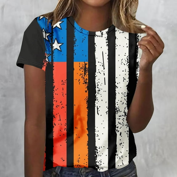 Inverlee Women's Independence Day Shirts Funny American Flag Graphic Patriotic Tshirts Loose Fit Short Sleeve Tees Breathable Crew Neck Blouses Tops